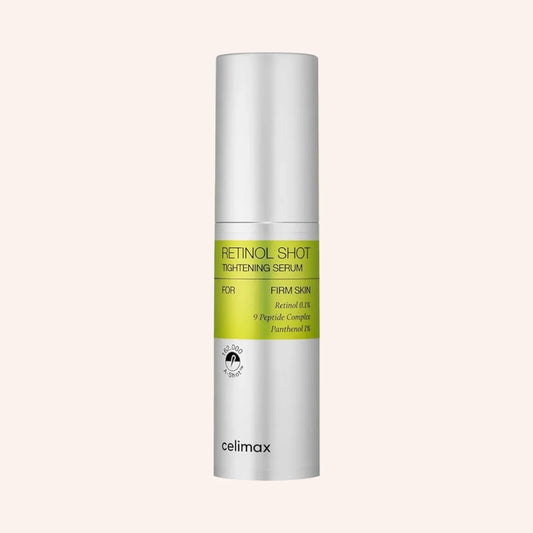Celimax The Vita A Retinol Shot Tightening Serum 30 ml – aufrechte weiße Tube mit gelbem Halsetikett vor Schwarz