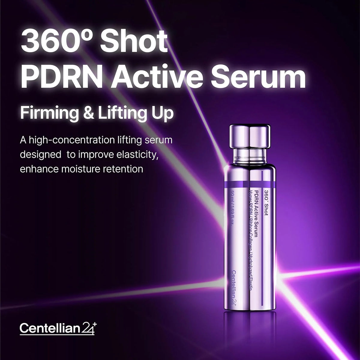 Centellian24 360 Shot PDRN Active Serum 50ml – Banner mit klarer Flasche, oben violettes, darunter schwarzes Textfeld