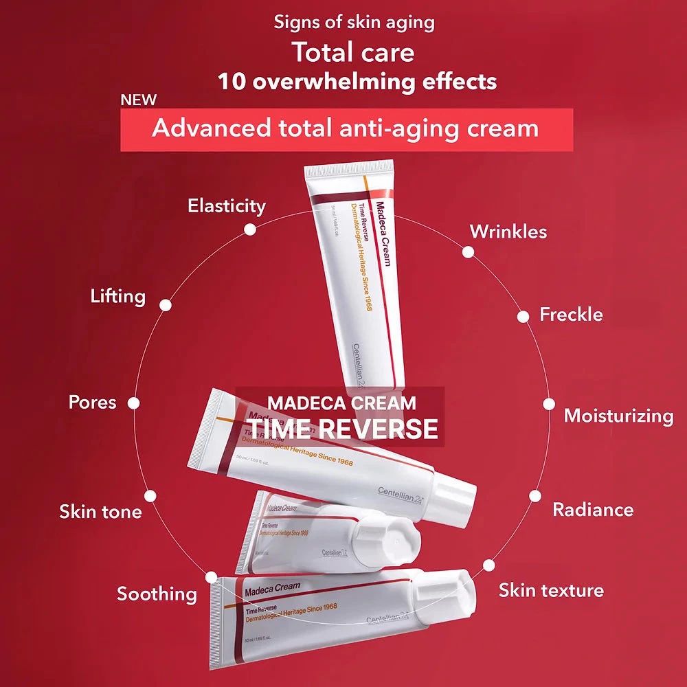Centellian24 Madeca Cream Time Reverse 50ml – drei weiße Tuben mit blauen Abstufungen, mittig vor kreisförmigem Farbverlauf von Rot zu Weiß