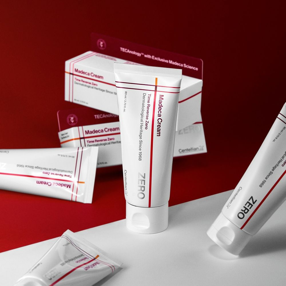 Centellian24 Madeca Cream Time Reverse Zero 80ml – zwei Fotos: weißer Karton mit rotem Rand neben Pflanzenbildern
