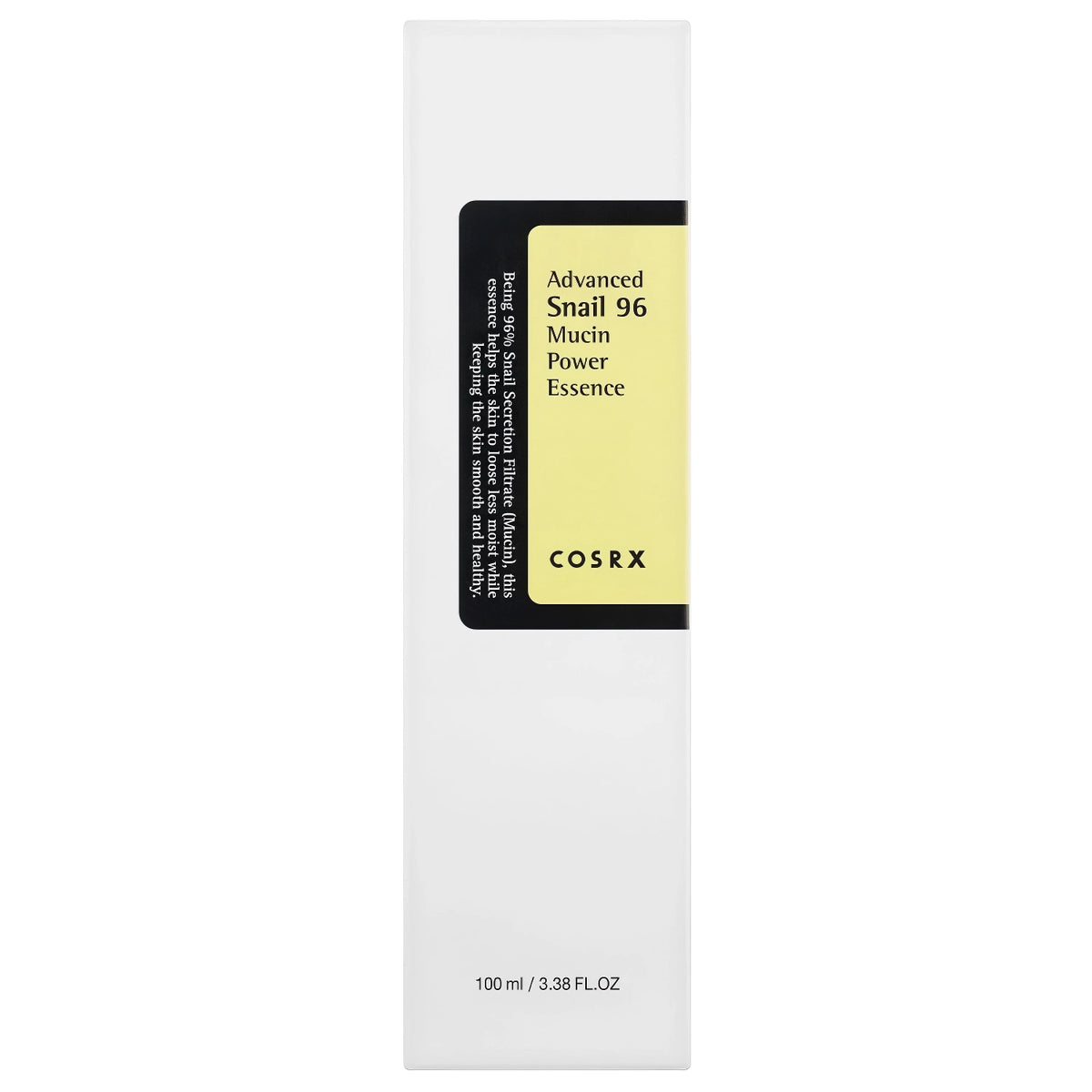 COSRX Advanced Snail 96 Mucin Power Essence 100ml – rechteckige weiß-gelbe Flasche mit schwarzem Etikettfeld