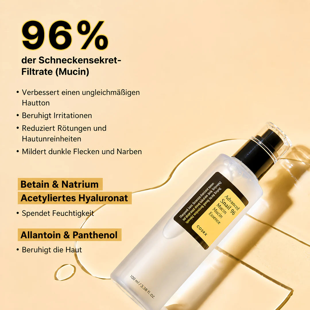 COSRX Advanced Snail 96 Mucin Power Essence 100ml – klare Flasche mit gelblichem Inhalt und Kappe, schlichter Grund