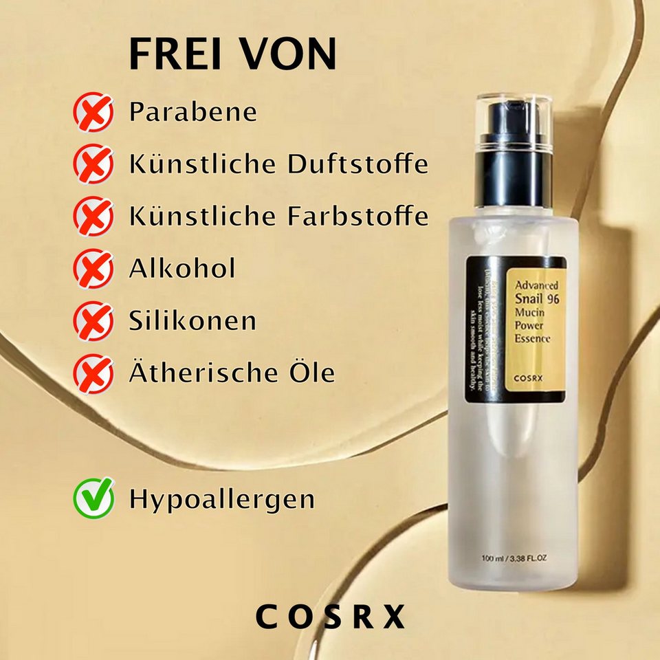 COSRX Advanced Snail 96 Mucin Power Essence 100ml – aufrecht stehende Flasche vor gefliester Struktur mit Texteinblendungen