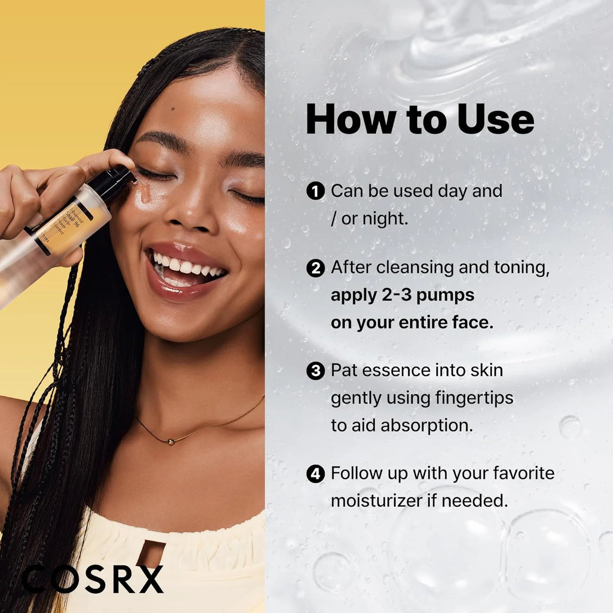 COSRX Advanced Snail 96 Mucin Power Essence 100ml – lächelnde Frau bei der Anwendung im Gesicht