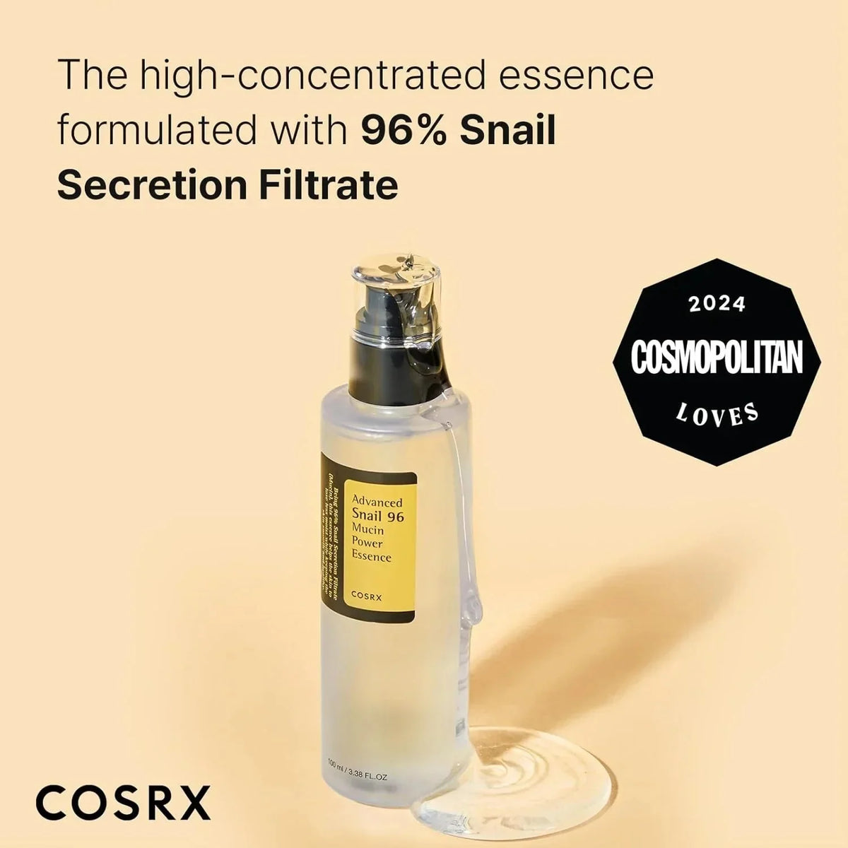 COSRX Advanced Snail 96 Mucin Power Essence 100ml – klare Pumpflasche mit Textgrafik und Wasserelementen