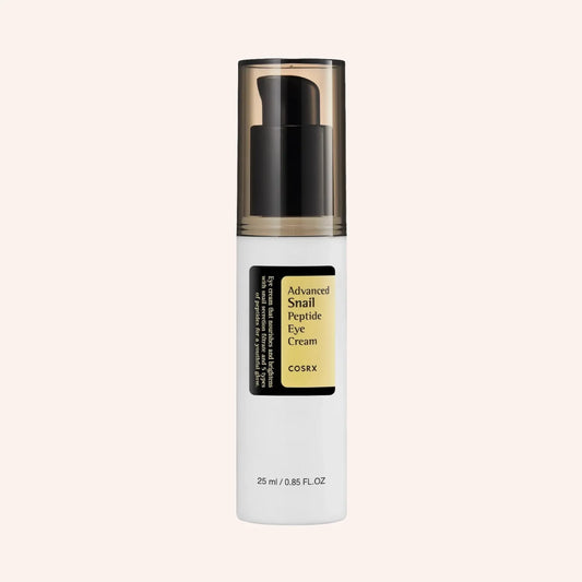COSRX Advanced Snail Peptide Eye Cream 25ml – weiße glänzende Tube mit abgerundeter Form, aufrecht stehend und vor hellem Grund freigestellt