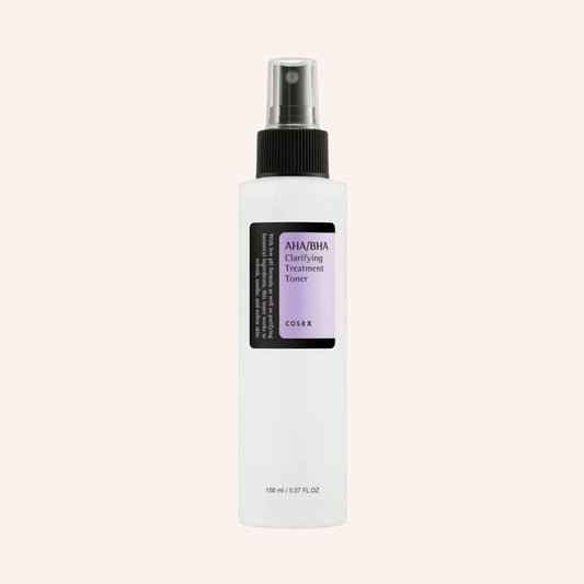 COSRX AHA/BHA Clarifying Treatment Toner 150ml – Flasche mit weißem Etikett, frontal vor schwarzem Hintergrund
