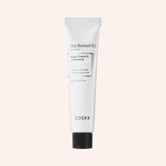 COSRX The Retinol 0.1 Cream 20ml – stehende weiße Tube mit Kappe oben, schwarzer Schrift und klarem Unterteil