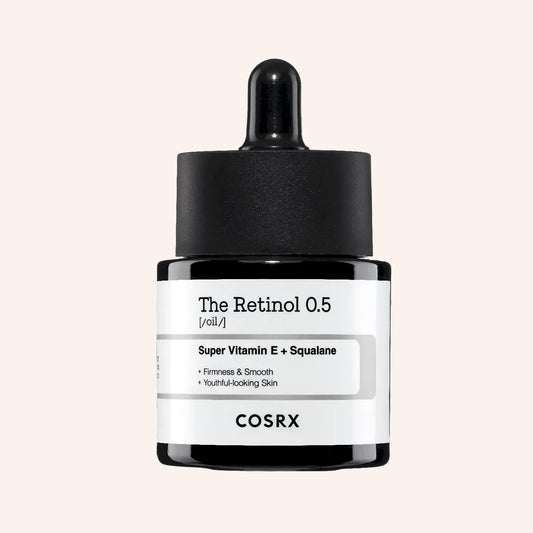 COSRX The Retinol 0.5 Oil 20ml – weißer Karton und Flasche vor schwarzem Hintergrund