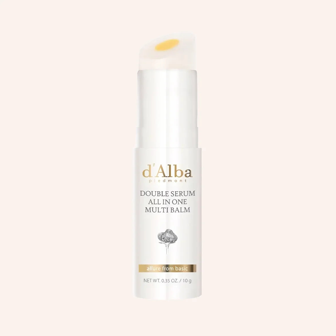 d'Alba Double Serum All In One Multi Balm 10g – schmaler schwarzer Stick mit Kappe vor schwarzem Hintergrund