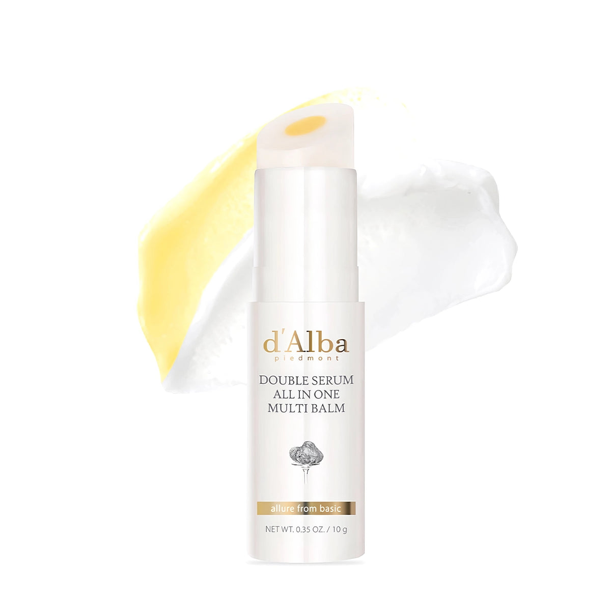 d'Alba Double Serum All In One Multi Balm 10g – gelber Balm-Stick mit Zitronenscheibe auf hellem Grund
