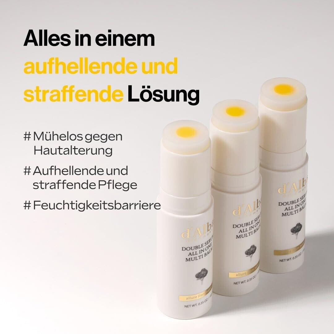 d'Alba Double Serum All In One Multi Balm 10g – drei Tiegel nebeneinander mit rundem Logo im Blauverlauf, Weiß
