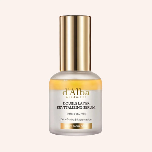 d'Alba White Truffle Double Layer Revitalizing Serum 30ml – matte Flasche mit goldenem Verschluss auf Weiß
