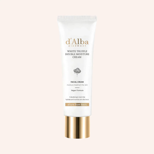 d'Alba White Truffle Double Moisture Cream 60ml – zylindrischer goldbrauner Tiegel mit Schimmer vor Dunkel