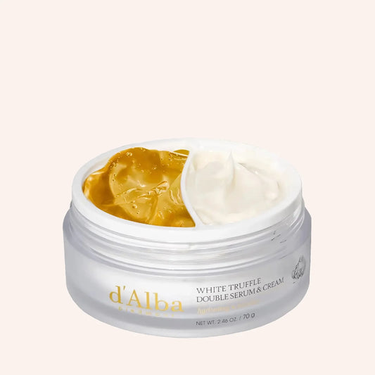 d'Alba White Truffle Double Serum & Cream 70g – klarer Tiegel mit Etikett im Verlauf von dunkel nach hell