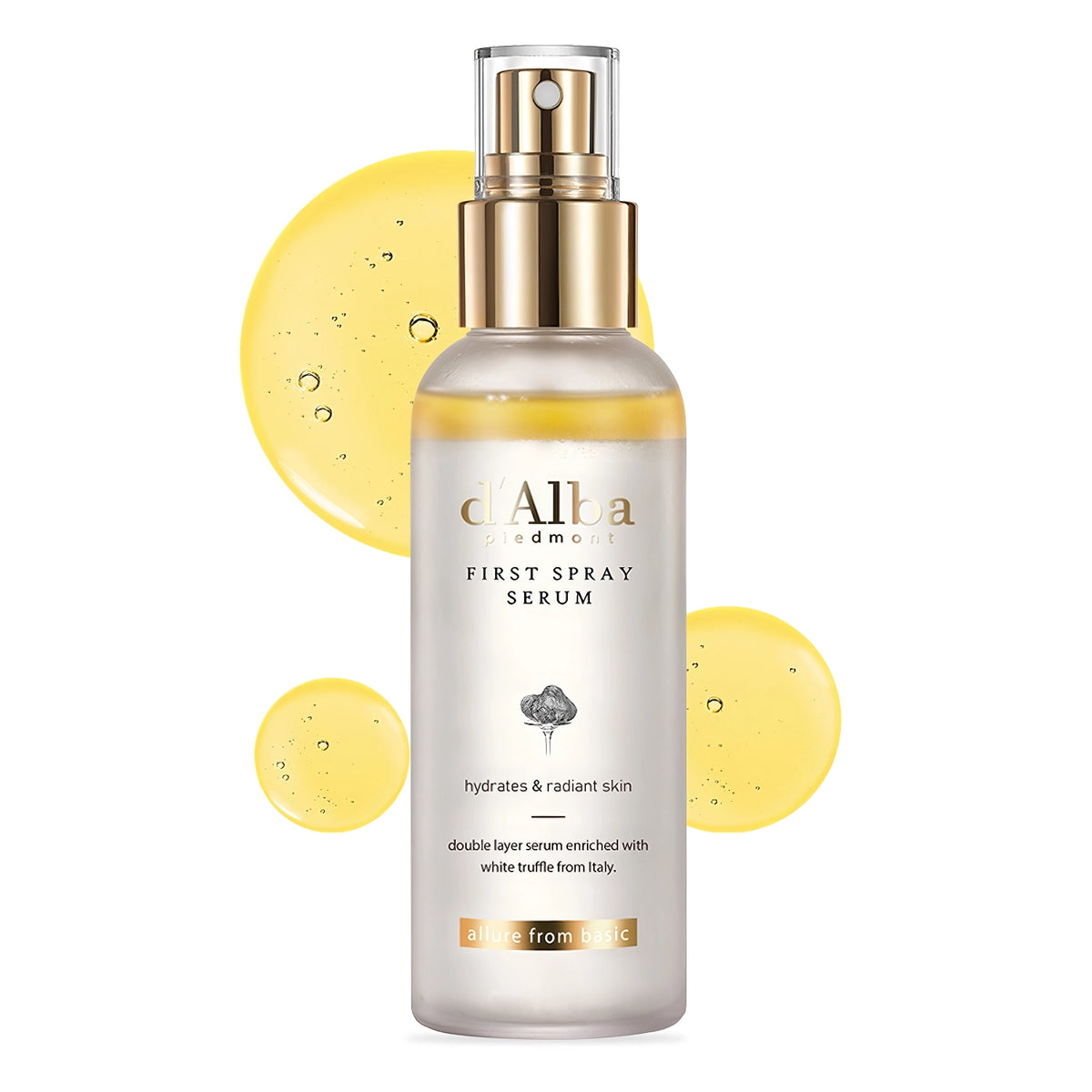 d'Alba White Truffle First Spray Serum 100ml – Sprühflasche mit blauen Akzenten, daneben Tropfen auf Hell