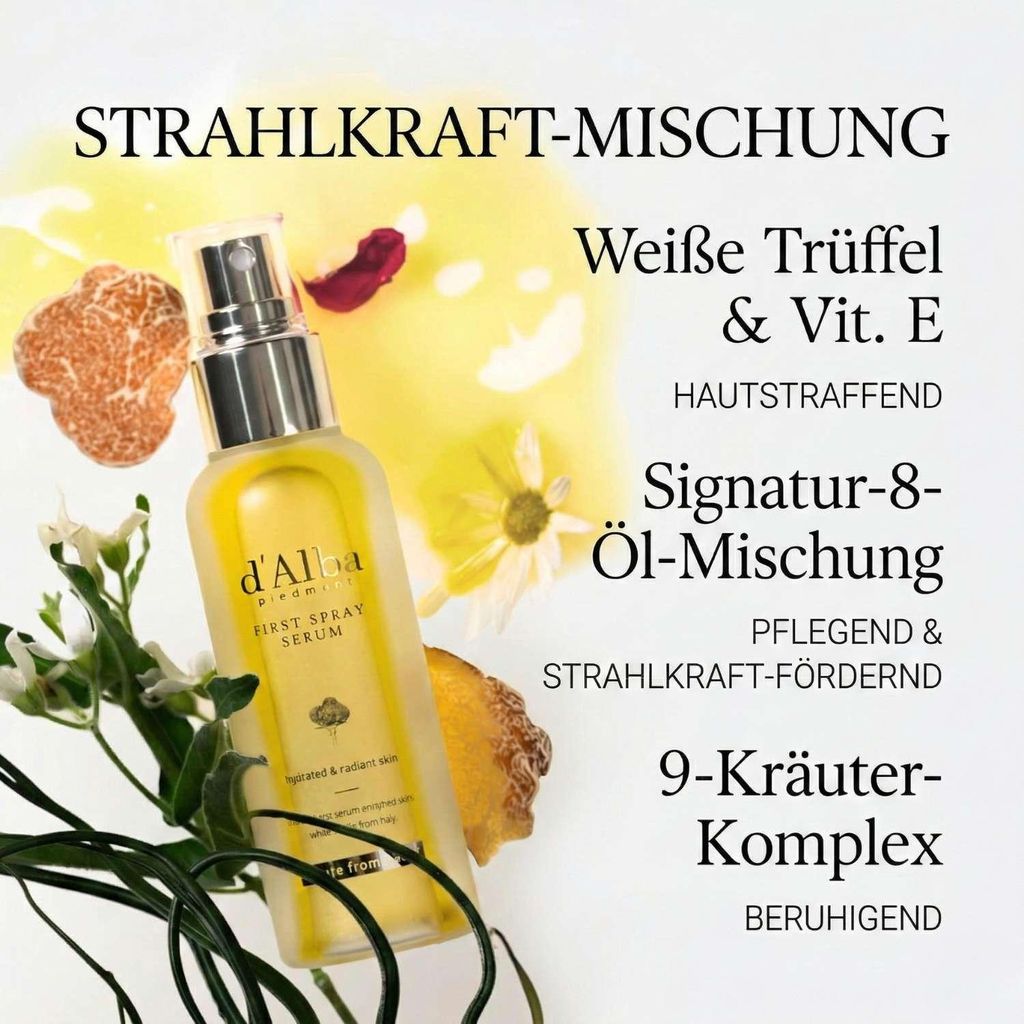 d'Alba White Truffle First Spray Serum 100ml – mattierte Flasche mit Pumpkopf neben Karton und hellen Blüten