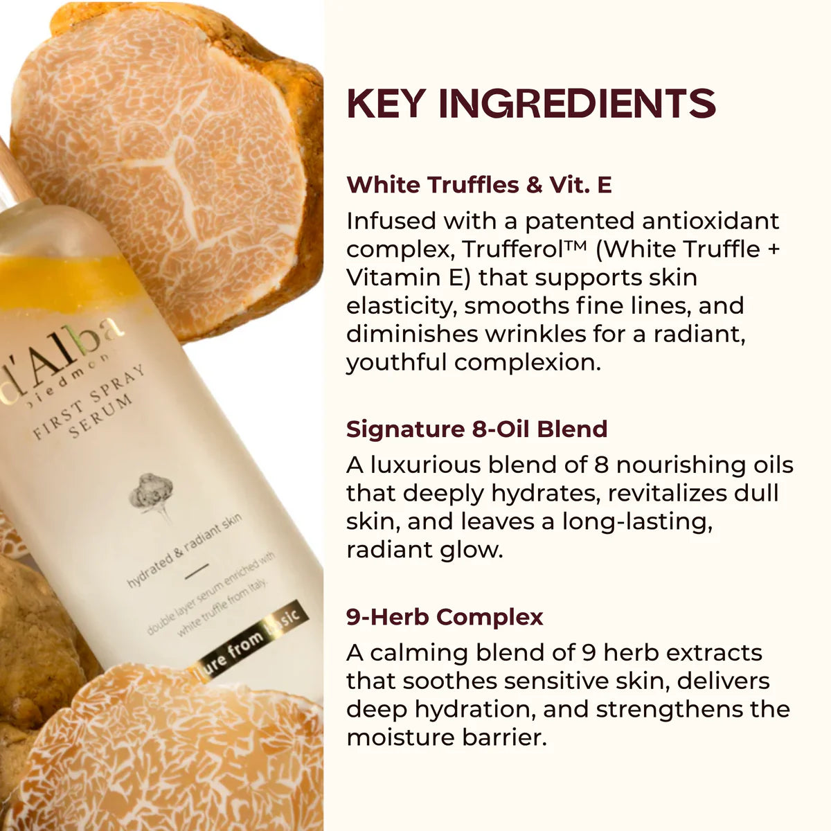 d'Alba White Truffle First Spray Serum 100ml – Produktset auf Fläche mit Pflanzen-Deko