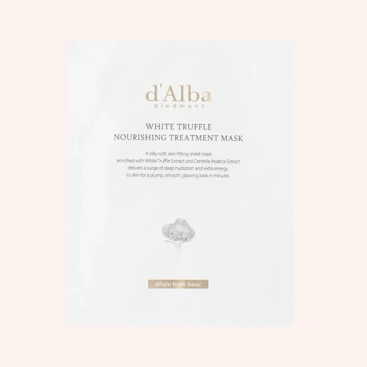 d'Alba White Truffle Nourishing Sheet Mask 1pc/25ml – weißer Maskenbeutel vor schwarzem Hintergrund