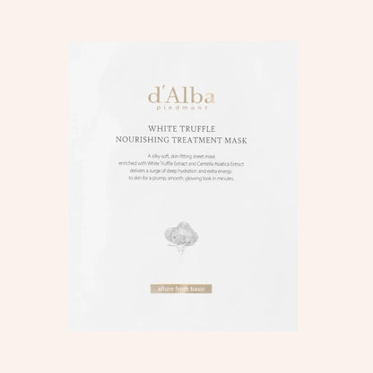 d'Alba White Truffle Nourishing Sheet Mask 1pc/25ml – weißer Maskenbeutel vor schwarzem Hintergrund