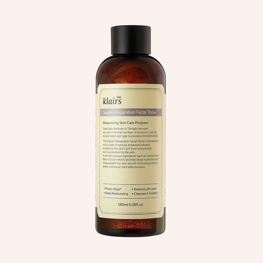 dear, Klairs Supple Preparation Facial Toner 180ml – Pumpflasche mit dunklem Etikett freigestellt