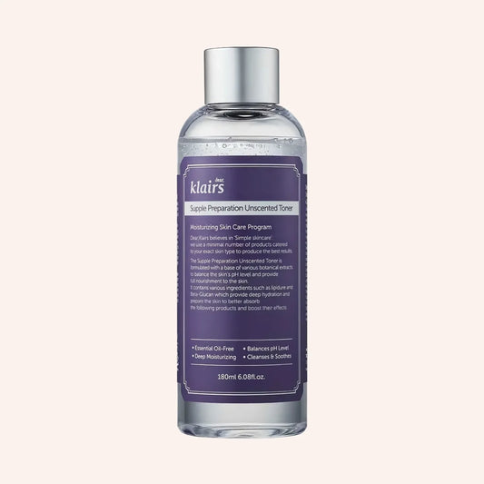 dear, Klairs Supple Preparation Unscented Toner 180ml – Flasche mit silberner Kappe und dunklem Etikett freigestellt