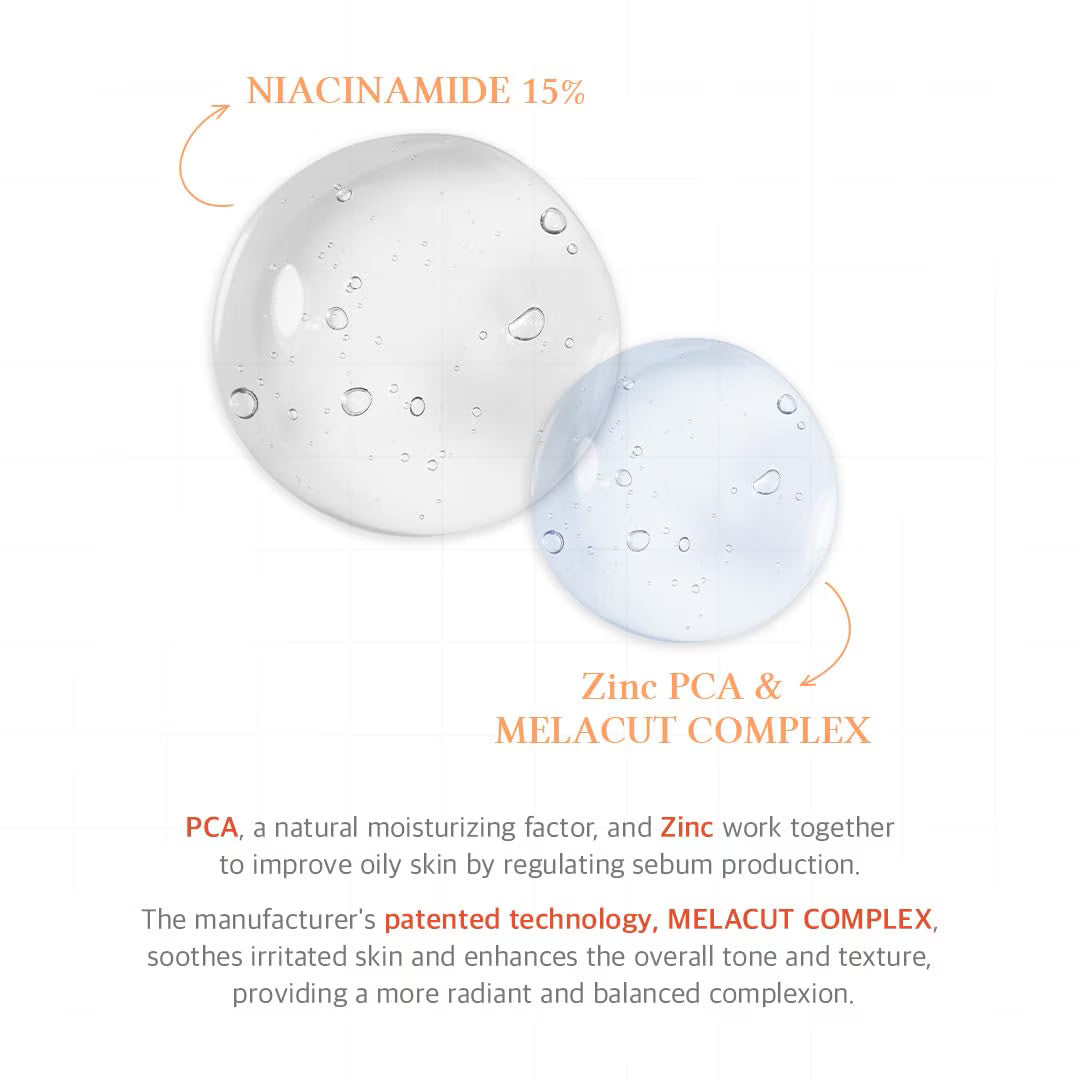 Dr. Althea 15% Niacinamide Purity Serum 30ml – Infografik: runde, transparente Flasche mittig, rundherum Erklärtexte