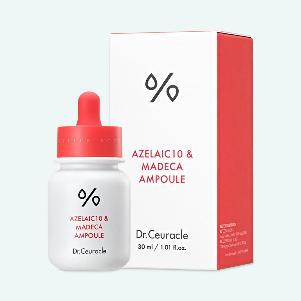 Dr. Ceuracle Azelaic 10 & Madeca Ampoule 30ml – weiß-rote Pipettenflasche mit kleinem rotem Symbolfeld vor grünen Blättern