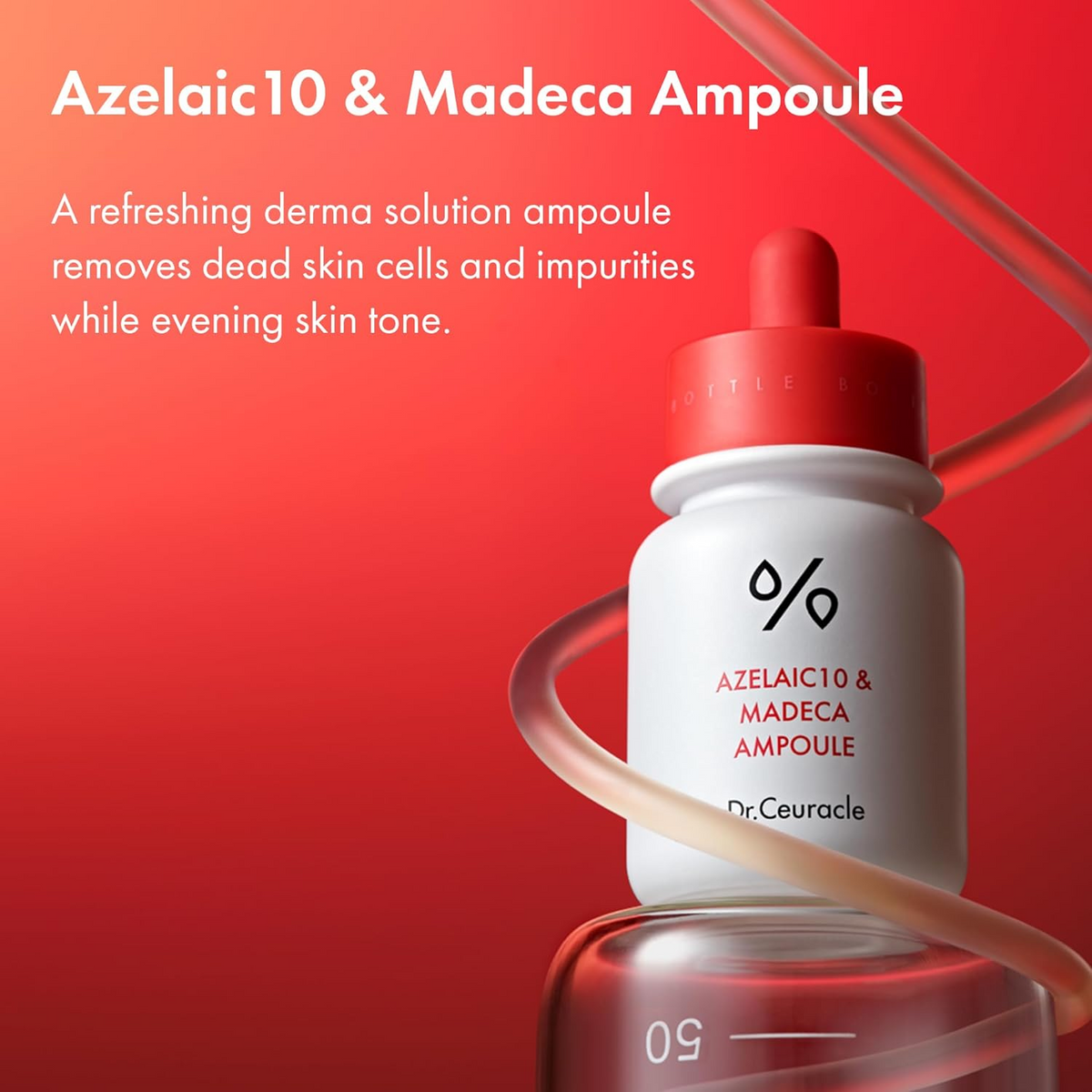 Dr. Ceuracle Azelaic 10 & Madeca Ampoule 30ml – weiße Glasflasche zentral vor rotem Hintergrund mit Verlauf zu Schwarz