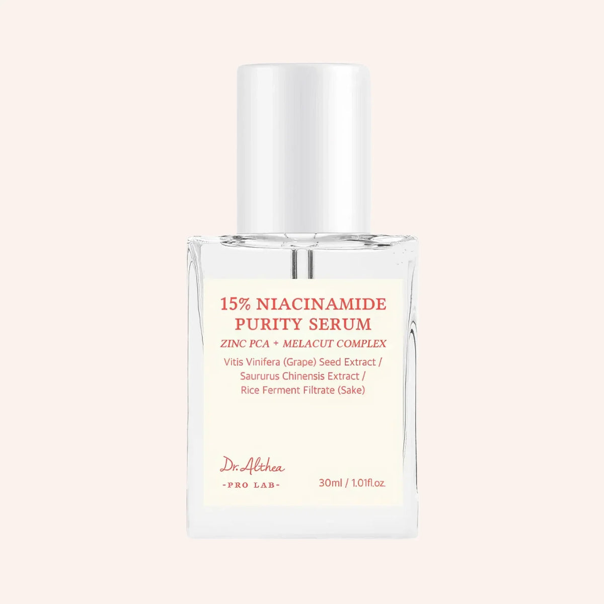 Dr. Althea 15% Niacinamide Purity Serum 30ml – Flasche mit Etikett im Farbverlauf, frontal und gerade ausgerichtet