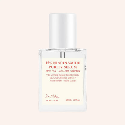 Dr. Althea 15% Niacinamide Purity Serum 30ml – Flasche mit Etikett im Farbverlauf, frontal und gerade ausgerichtet