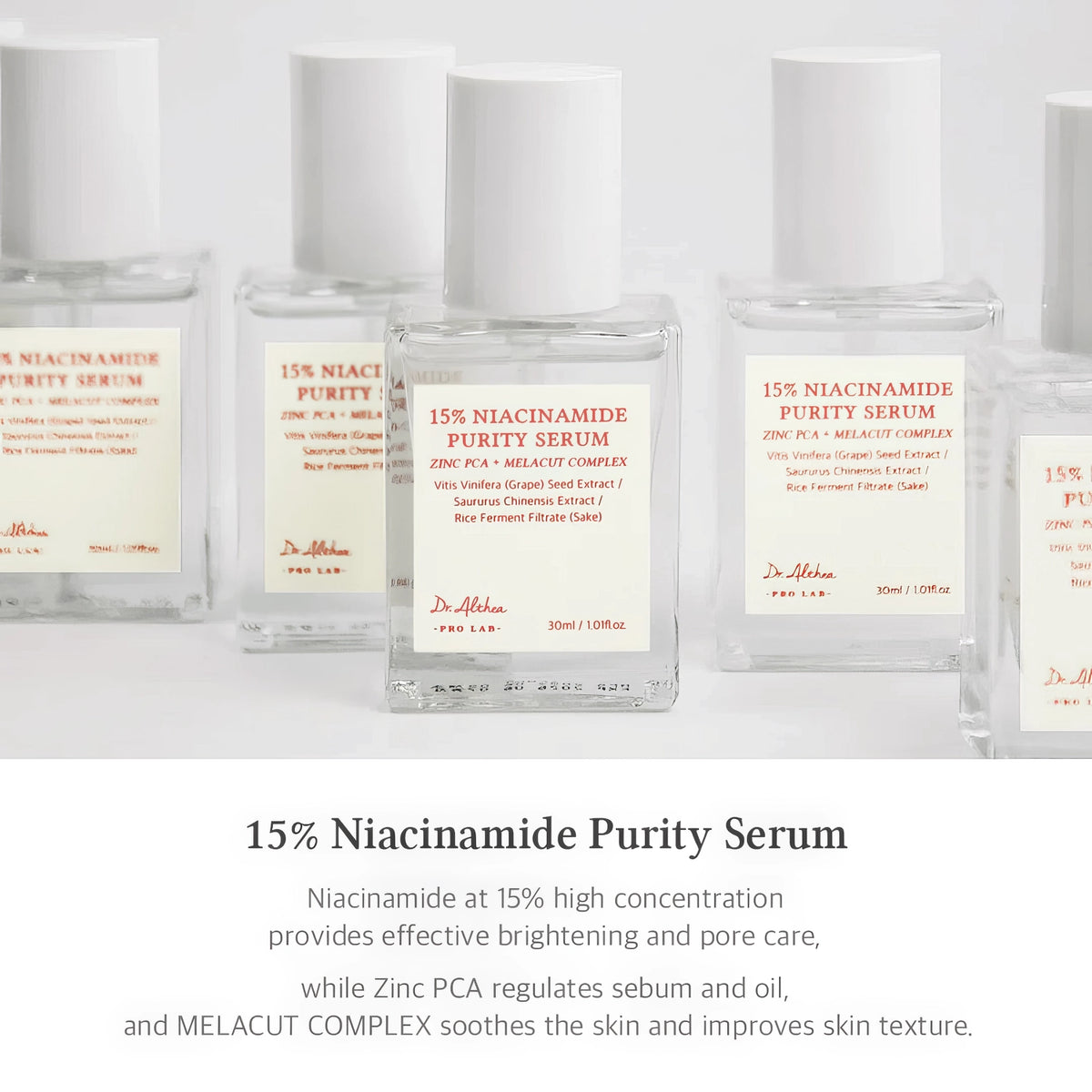 Dr. Althea 15% Niacinamide Purity Serum 30ml – mehrere kleine Flaschen mit weißen Kappen nebeneinander