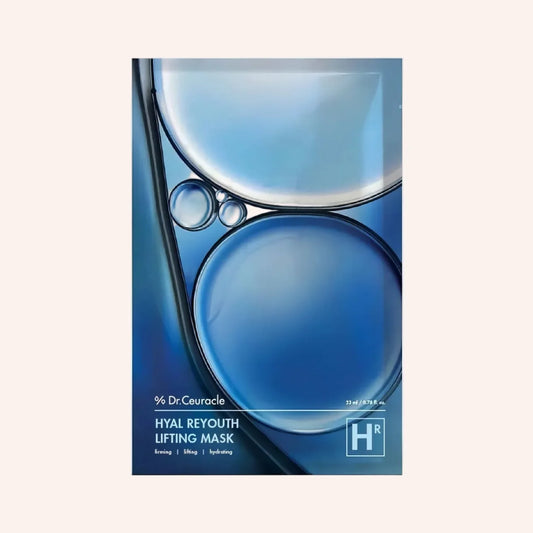 Dr. Ceuracle Hyal Reyouth Lifting Mask 25ml – blauer Karton mit großer Blase voller kleiner Blasen, blauer Hintergrund