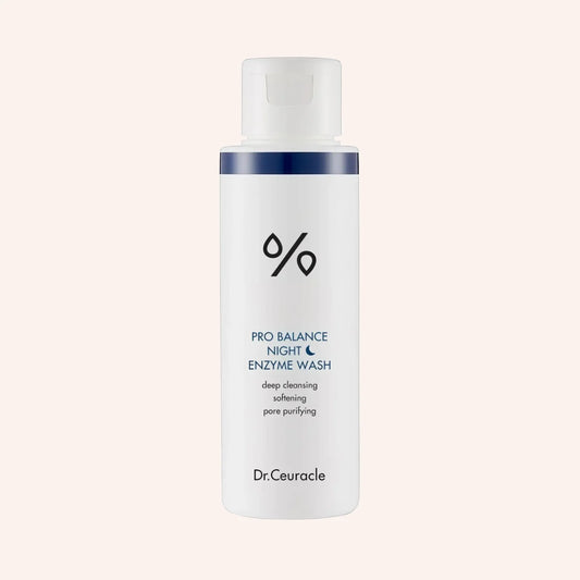 Dr. Ceuracle Pro Balance Night Enzyme Wash 50g – weiße Flasche mit blauem Etikett auf blauem Hintergrund