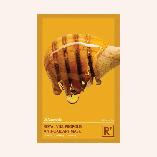 Dr. Ceuracle Royal Vita Propolis Anti-Oxidant Mask 30ml – gelber Beutel mit Honigglas-Illustration auf Schwarz