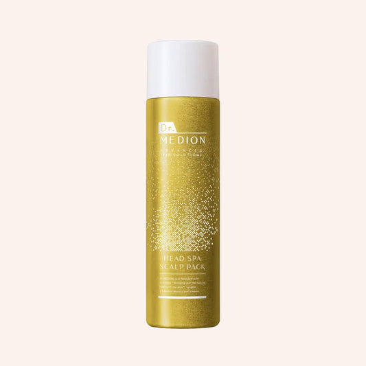 Dr. Medion Head spa scalp pack 150g – goldene Flasche mit metallisch strukturiertem Etikett, aufrecht vor hellem Hintergrund