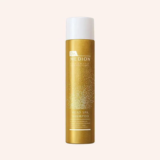 Dr. Medion Head Spa Shampoo 200g – goldene Dose mit silbernem Sprühkopf, mittig vor tiefschwarzem Hintergrund platziert