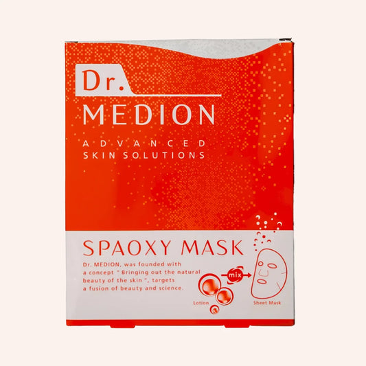 Dr. Medion Spaoxy Mask 3St. – teils transparenter Beutel in Rot und Weiß, links aufgedruckte rote Tuchmaske mit Aussparungen