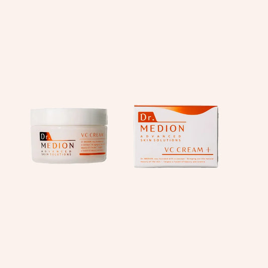 Dr. Medion VC Cream+ 40g – Kunststofftiegel mit roter Kappe und rot-weißem Etikett, rechts ein zweiter Artikel auf Weiß