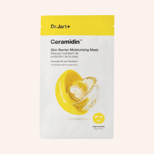 Dr.Jart+ Ceramidin Skin Barrier Moisturizing Mask 22g – gelb-weißes Tuchmasken-Sachet, flach liegend auf weißem Grund