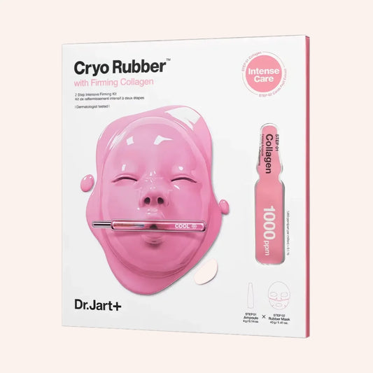 Dr.Jart+ Cryo Rubber with Firming Collagen face mask40g – Pinke Schachtel mit Kopf, der eine aufgeblähte Maske trägt