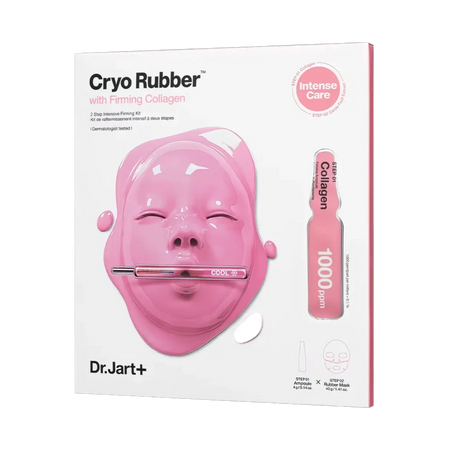 Dr.Jart+ Cryo Rubber with Firming Collagen face mask40g – Pinke Schachtel mit Kopf, der eine aufgeblähte Maske trägt