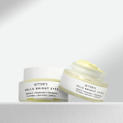 EMANI "Hello Bright Eyes" eye cream 30 ml – schlichter Tiegel und Tube nebeneinander in moderner, heller Gestaltung