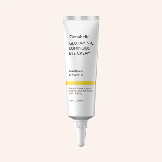 Genabelle Glutamin-C Luminous Eye Cream 10ml – weiße Tube mit gelbem Verlauf vor Schwarz
