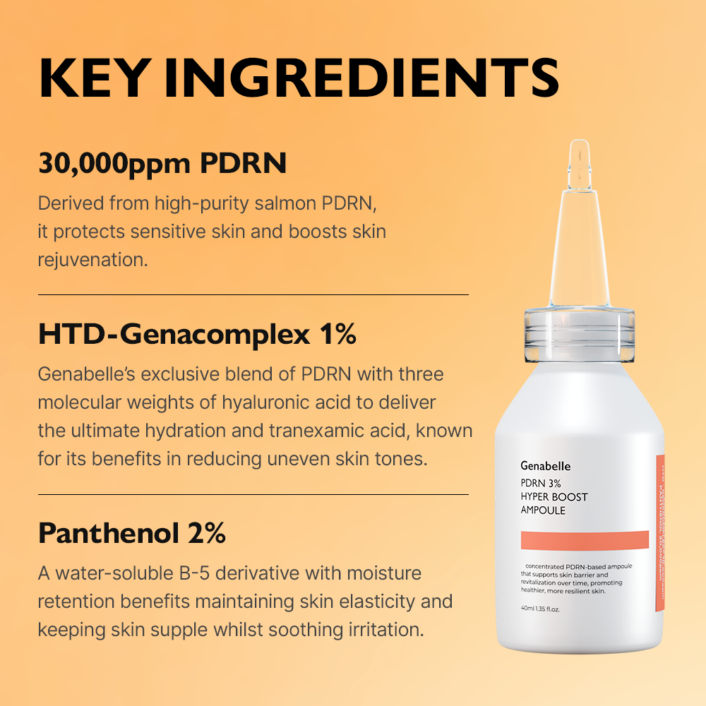 Genabelle PDRN 3% Hyper Boost Ampoule 40ml – bernsteinfarbene Pipettenflasche vor weißem Hintergrund