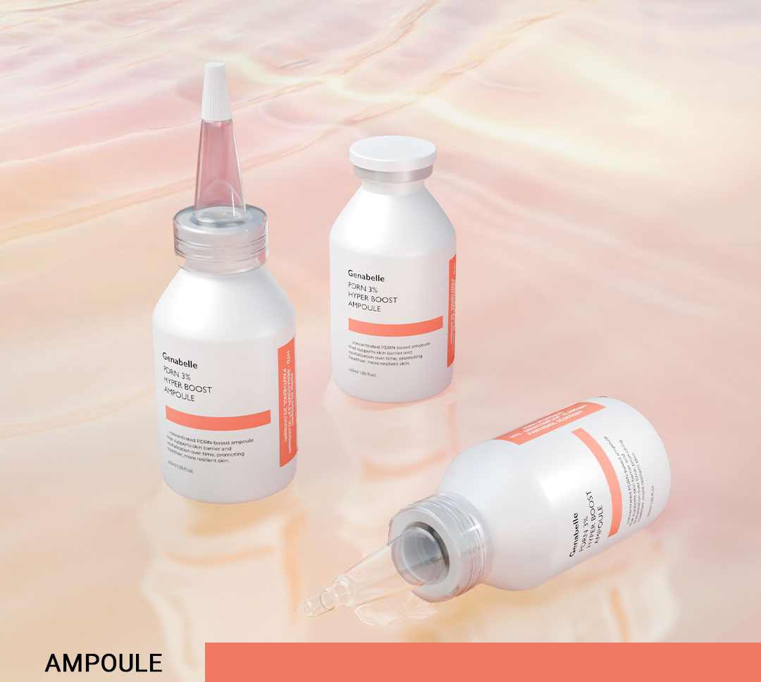 Genabelle PDRN 3% Hyper Boost Ampoule 40ml – drei Behälter vor Pastellgrund mit Wasser, oben klare Flasche mit roter Kappe
