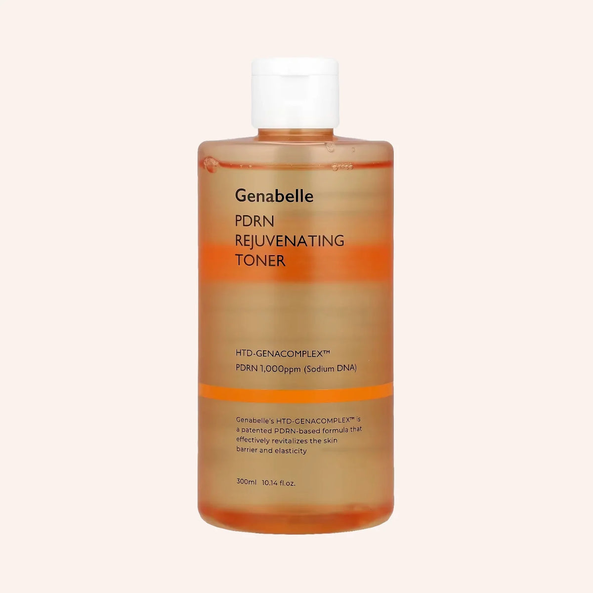 Genabelle PDRN Rejuvenating Toner 300ml – klare Flasche mit gelblichem Inhalt und Etikett vor schwarzem Hintergrund