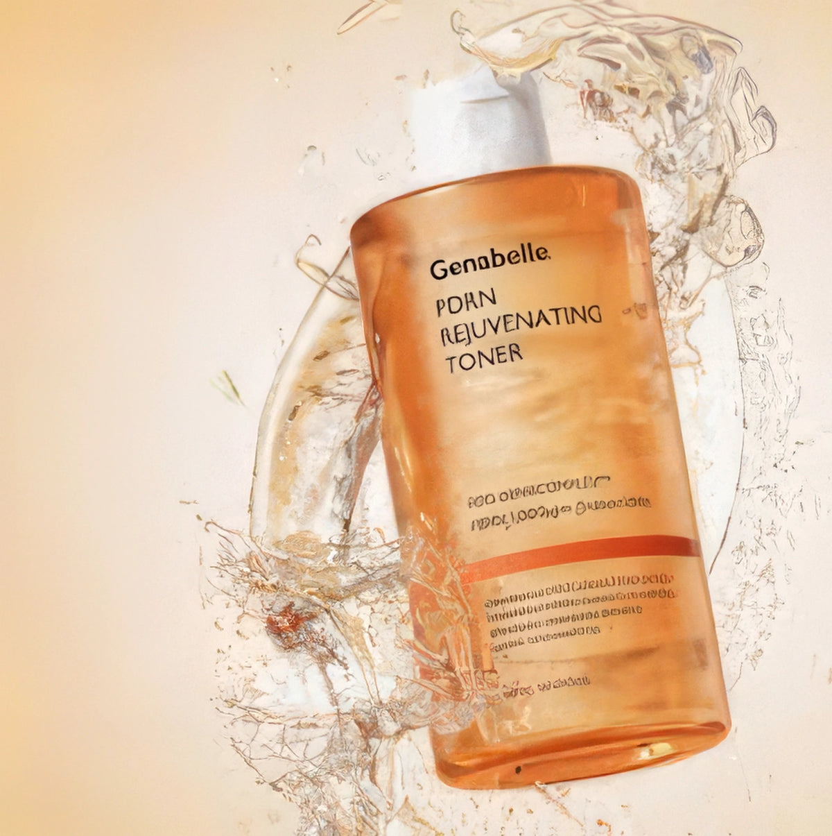 Genabelle PDRN Rejuvenating Toner 300ml – durchscheinende Pumpflasche mit goldgelbem Inhalt, umspült von Wasser