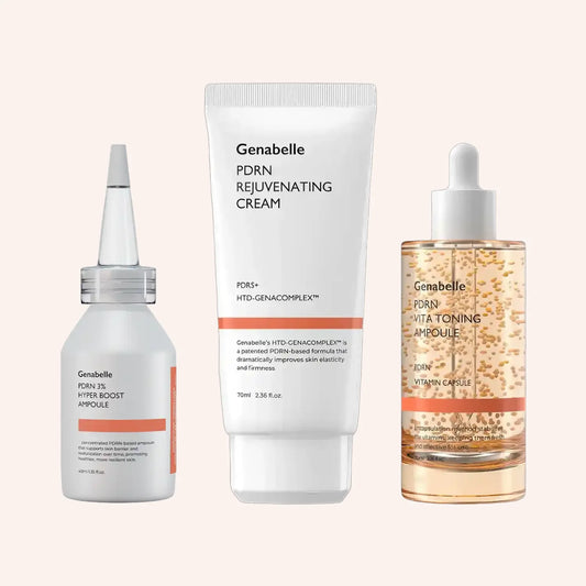 Genabelle PDRN Routine-Set – Set-Inhalt flach angeordnet, weiß mit orange-roten Akzenten