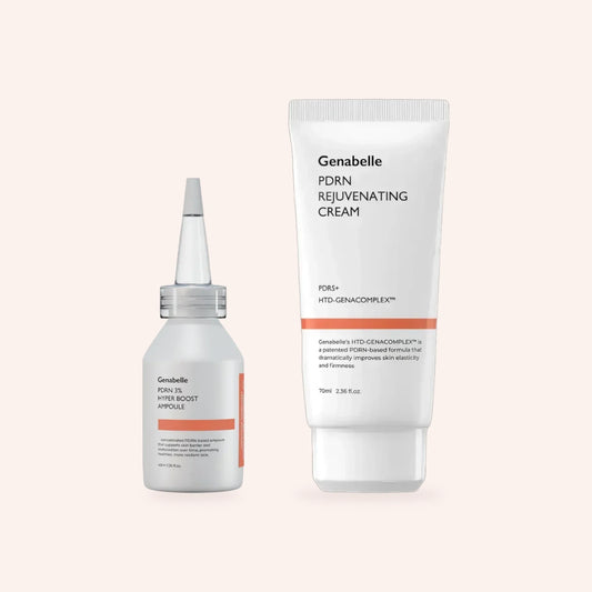 Genabelle PDRN Routine-Set – Ampoule-Flasche und weiße Cremetube mit rotem Streifen auf zartrosa Grund